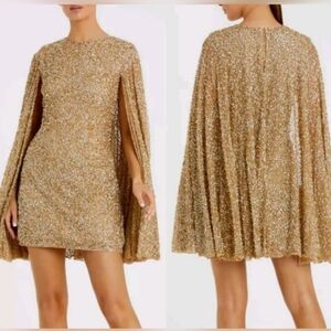 Mac Duggal 5931 Sequined Cape Sleeve Mini Dress in Gold SZ 8 NEW Flaw